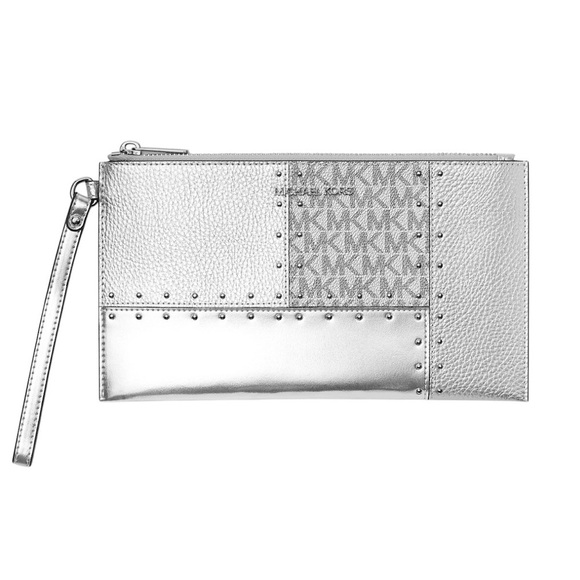 NWT $328 Michael Kors Jet Set Travel Large Studded Metallic Patchwork Wristlet - Picture 2 of 5